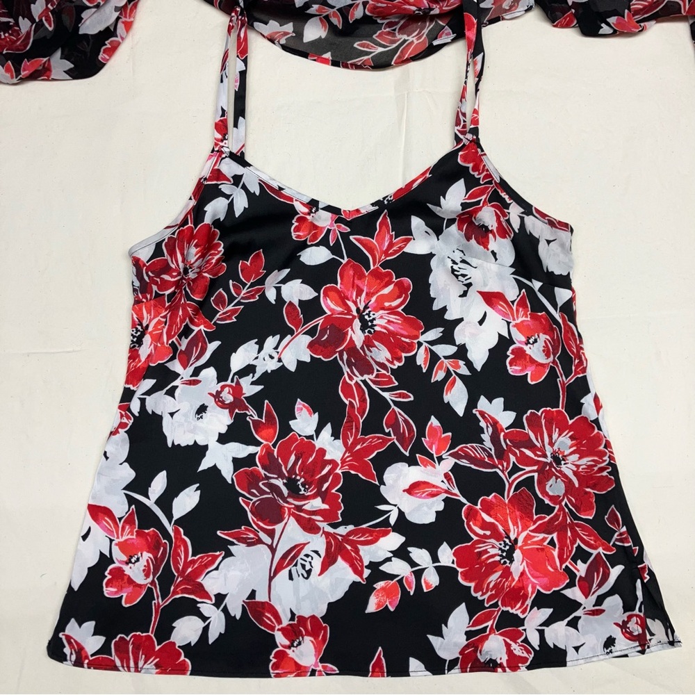 Flirty Black, Red, White Floral Cami with Sheer Overlay, Party, Vacation - 2 - Picture 4 of 5